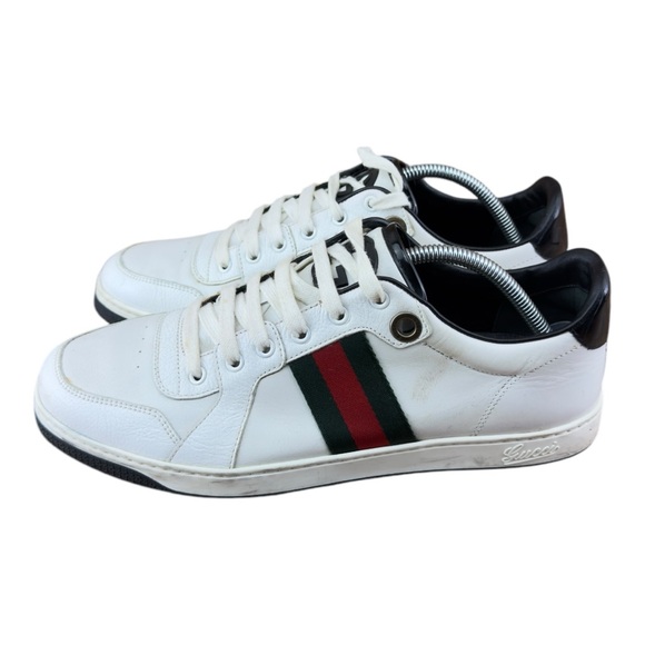 Gucci White/Black Leather Ace Web Detail Low Top 283115 Sneakers Size 9 - Picture 1 of 14